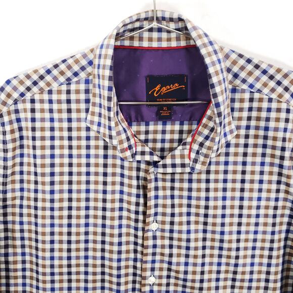 Egara Slim Fit Shirt Mens Extra Large Blue Beige Check Long Sleeve Button Up Top - Picture 2 of 6